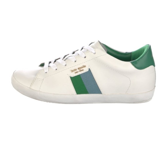 Kate Spade White Leather Sneakers with Green Stripe - Picture 2 of 5